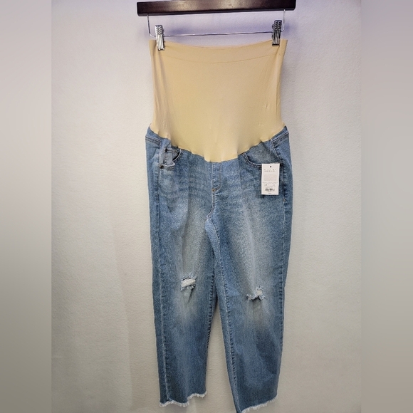 a:glow Maternity Girlfriend Capri Crop Denim Jeans Womens Size Large - Picture 2 of 11